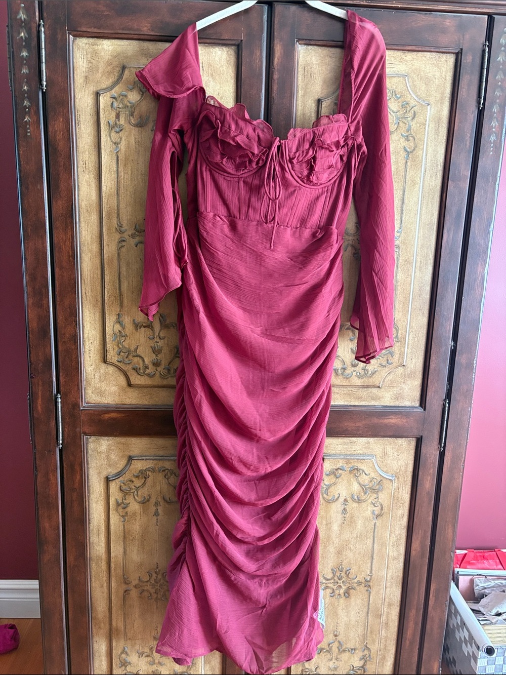 ASOS Burgundy Ruffled Long Sleeve Midi Dress by ASOS